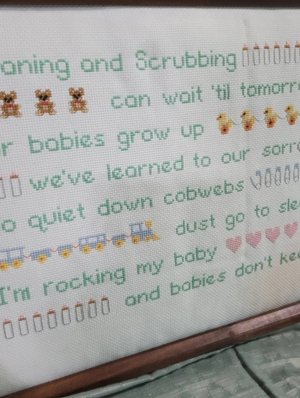 Vintage Framed Handmade Cross-Stitch Baby Lyrics Wall Art in Green and Pink